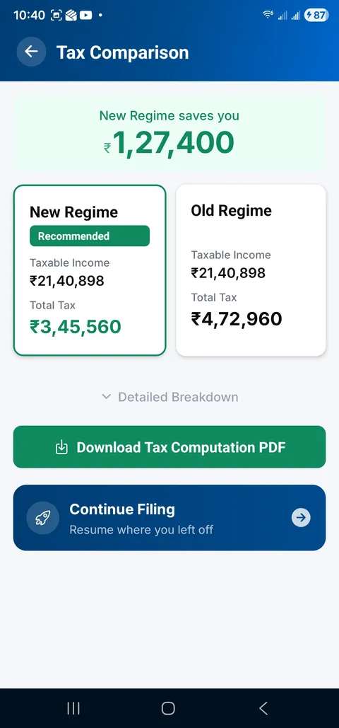 MyTaxLocker app — Old vs New regime tax compared side by side