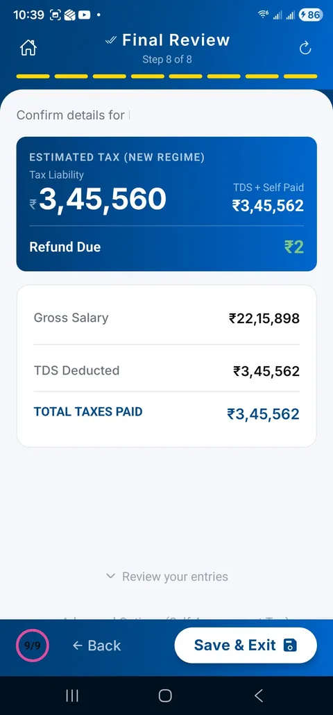 MyTaxLocker app — final review showing estimated tax and total taxes paid