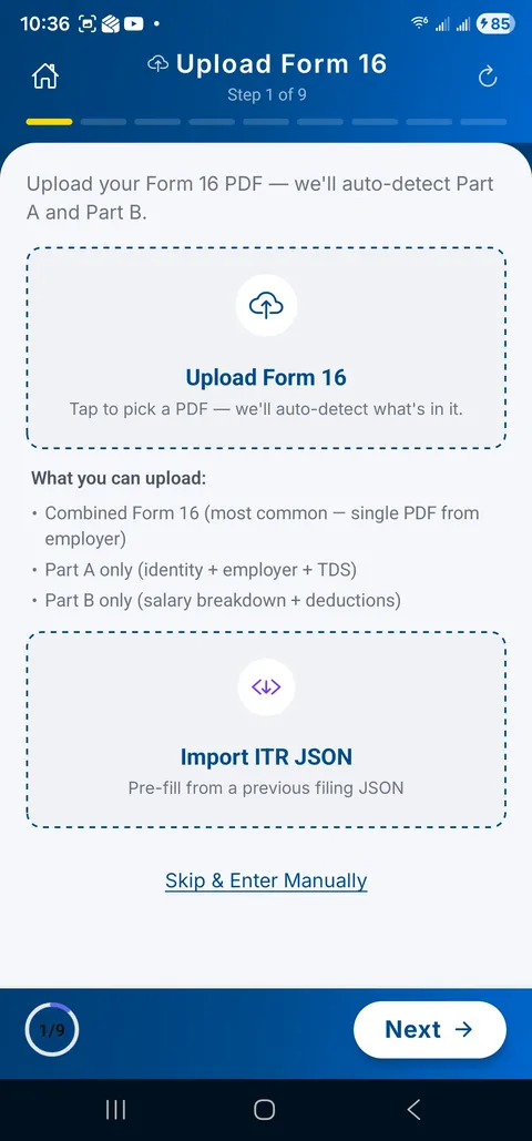 MyTaxLocker app — upload your Form 16 PDF; the app auto-detects Part A and Part B