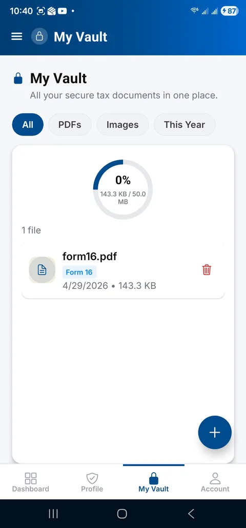 MyTaxLocker app — secure document vault holding your Form 16 PDF